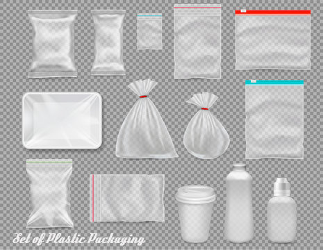 Big set of polypropylene plastic packaging - sacks, tray, cup on transparent background. Vector illustration