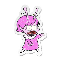 distressed sticker of a cartoon shocked alien girl