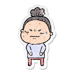 distressed sticker of a cartoon annoyed old lady