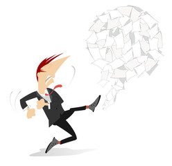 Man kicks a big ball of papers concept illustration. Man or businessman kicks a big ball of papers or documents isolated on white illustration