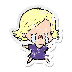 distressed sticker of a cartoon girl crying