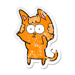 distressed sticker of a happy cartoon cat
