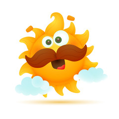 Cute sun with moustache illustration. Clouds, cartoon character, sky. Vacation concept. Can be used for topics like summer, weather forecast, weekend