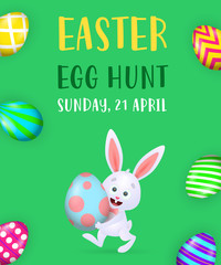 Easter Egg Hunt poster design. Cute baby bunny and colored eggs on green background. Illustration can be used for flyers, invitation cards, event announcement