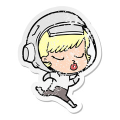 distressed sticker of a cartoon pretty astronaut girl running