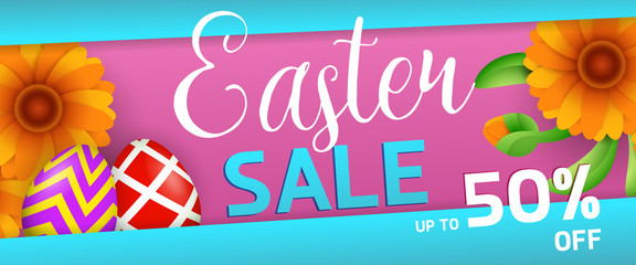 Easter sale banner design. Orange flowers and colored eggs on blue and magenta background. Illustration can be used for adverts, leaflets, flyers, posters