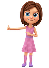Cartoon character girl in a pink dress points to the thumb up on a white background. 3d rendering. Illustration for advertising.