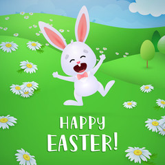 Happy Easter greeting card design. Joyful little bunny dancing and having fun on flowery meadow. Illustration can be used for posters, flyers, party invitation