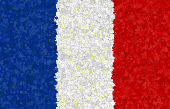 Graphic illustration of a French flag with a blossom pattern