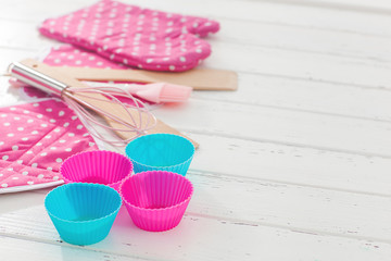Kitchenware flatlay. Top view of fitchen devices. Bakery stuff. Housekeeper background. Homemade food.