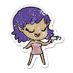distressed sticker of a happy cartoon space girl with ray gun