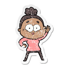 distressed sticker of a cartoon happy old woman