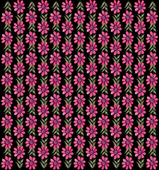 Beautiful floral geometric surface design textile pattern watercolor pink tropical flowers on black background