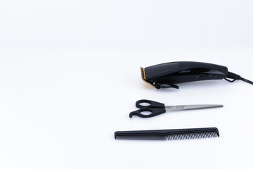 Hair Barber Clippers, Haircut accessories on white background with copy space