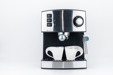 Espresso coffee machine on the white background with copy space