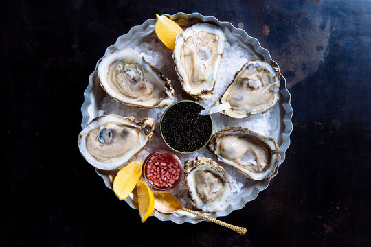 raw oysters with a side of caviar