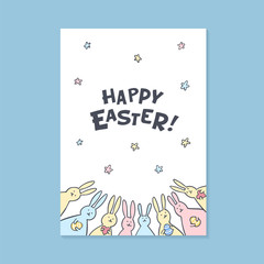 Happy Easter greeting card. Happy easter inscription and cute bunnies on white background. Vector illustration.