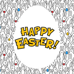 Happy Easter greeting card. Egg with happy easter iscription on bunny pattern bakground. Vector illustration.