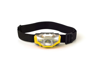 Headlamp with elastic strap isolated on white background. Sport equipment