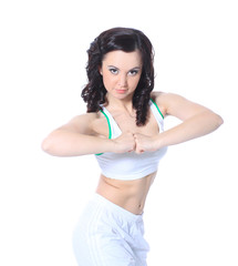 Fototapeta premium fitness trainer shows exercises to strengthen the pectoral muscles. sport and health
