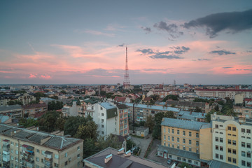 Obraz premium Aerial view in Ivano-Frankivsk at sunset with tv tower,long exposure photo