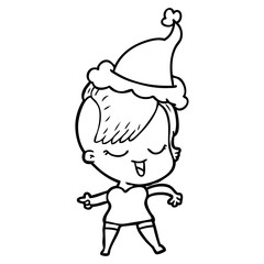 happy line drawing of a girl wearing santa hat