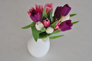 bouquet of tulips in a vase on white background