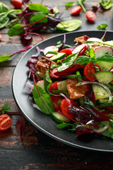 Traditional fattoush salad on a plate with pita croutons, cucumber, tomato, red onion, vegetables mix and herbs