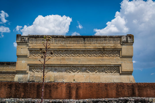 Mitla, pre-columbian archeological site of the Zapotec culture. Close up of intricate mosaic fretwork of the geometric patterns called grecas, situated in the Columns Group, Oaxaca, Mexico