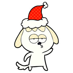 comic book style illustration of a bored dog wearing santa hat
