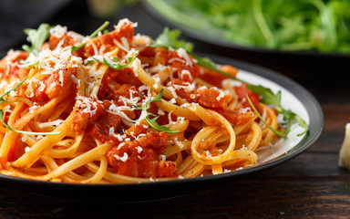 Spaghetti alla Amatriciana with pancetta bacon, tomatoes and pecorino cheese