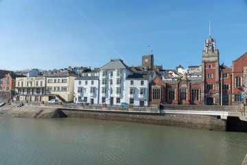 Bideford, North Devon, England UK. March 2019. Bideford town hall, library and St Marys Church viewed from East the Water.