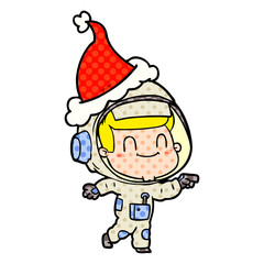 happy comic book style illustration of a astronaut man wearing santa hat