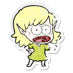 distressed sticker of a cartoon shocked elf girl pointing