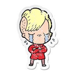 distressed sticker of a cartoon crying girl with crossed arms