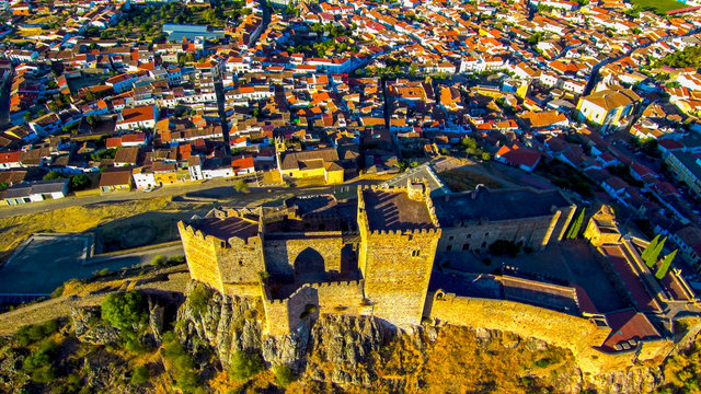 Alburquerque. Historical village of Badajoz. Extremadura, Spain. Drone photo