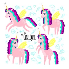 Set of beautiful cute unicorns and inscription to be unique