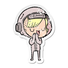 distressed sticker of a cartoon astronaut woman