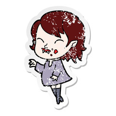 distressed sticker of a cartoon vampire girl with blood on cheek