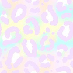 Seamless holographic pattern with leopard skin. Trendy abstract texture with animal print. Fashion foil pastel background, vector illustration.