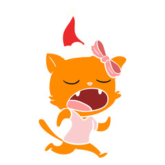 flat color illustration of a yawning cat wearing santa hat