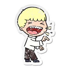 distressed sticker of a cartoon laughing man