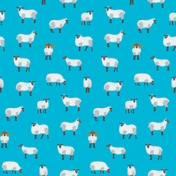Sheep seamless background pattern wallpaper flock group with cute funny cartoon characters. Lamb poddy ewe jumbuck mutton childish infantile. Comic comical decoration textile fabric cloth. 