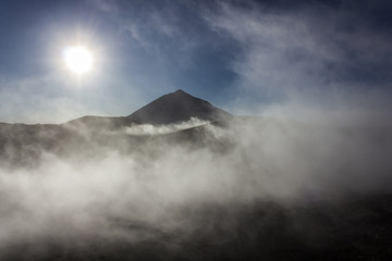 Mount Teide National park in the fog and clouds