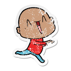 distressed sticker of a happy cartoon bald man