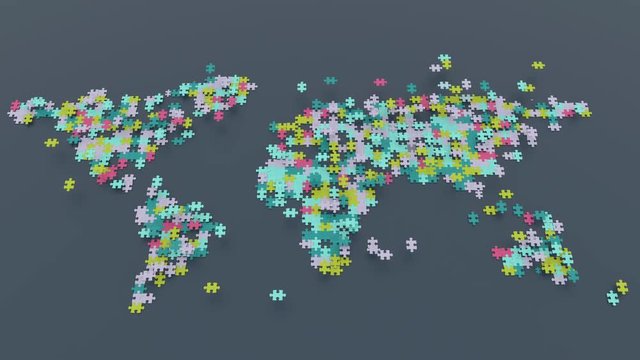 World map made up of multi-colored puzzles. puzzle pieces moving from different parts of the world representing import, export, economic ties, population migration etc.