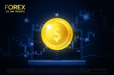 Symbols of dollar coin on scales. In the background forex chart