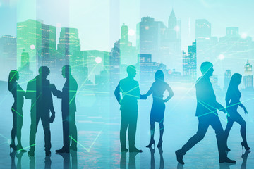 Business people in green city, network interface