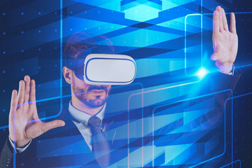 Businessman in vr glasses gesturing, interface