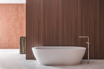 Naklejka na ściany i meble Wooden bathroom interior, sink and tub